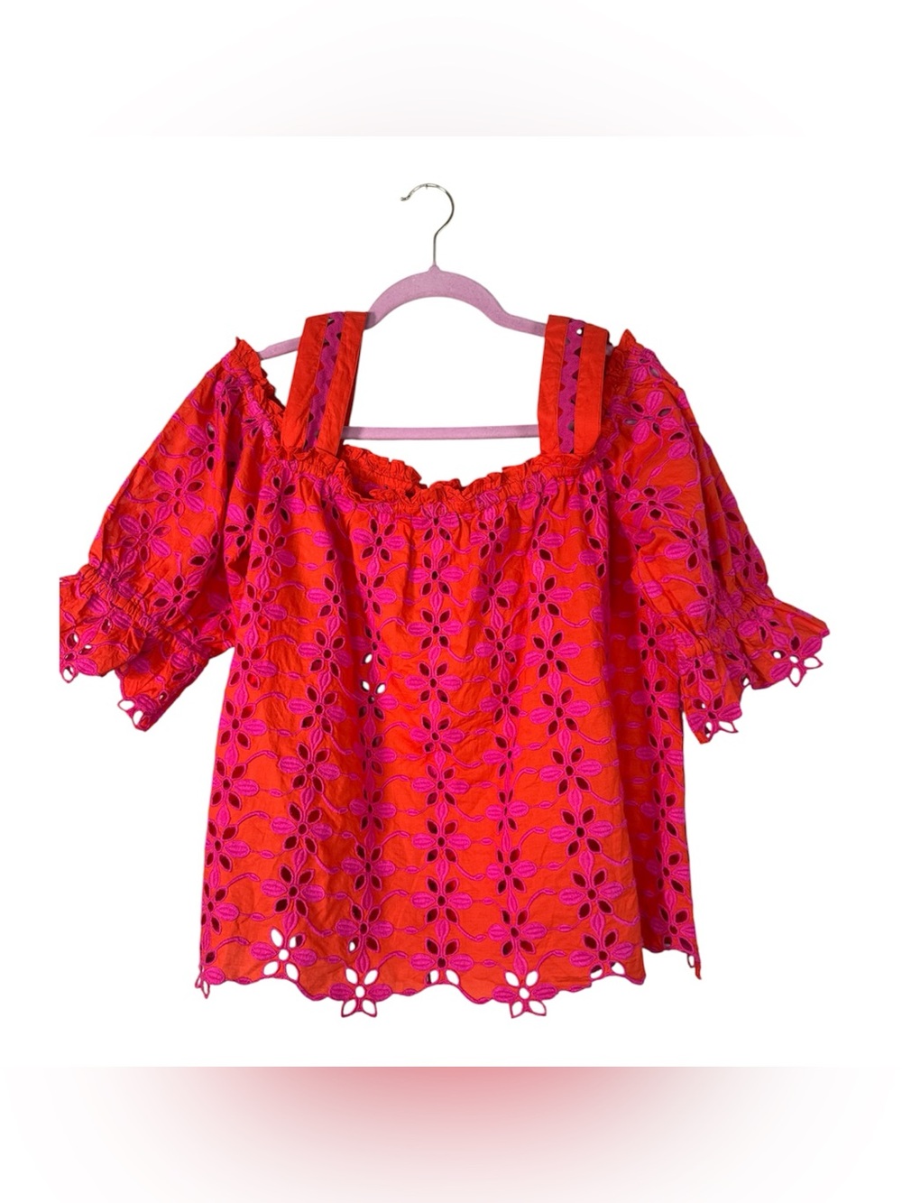 Brora Pink Purple Eyelet Ruffled Blouse Womens 14 Summer Girly Organic Cotton